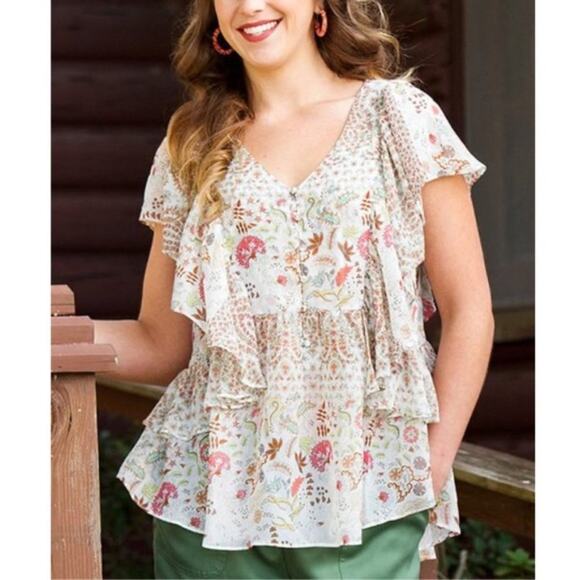 Matilda Jane Tops - Matilda Jane Fly By Floral Cascading Ruffle Top Size XS